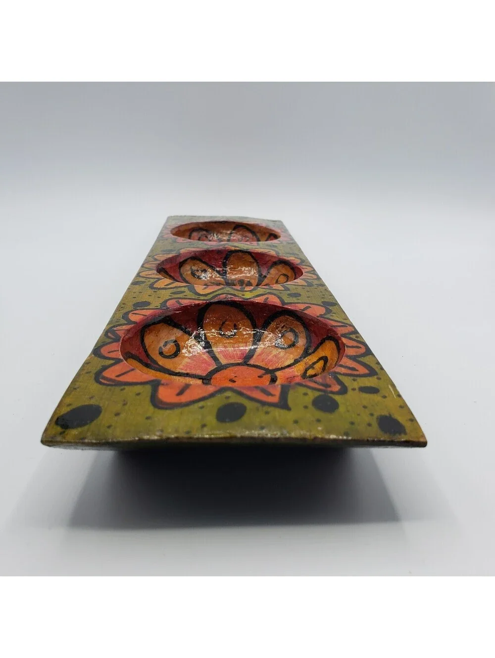Hand Painted Divided Wood Tray Rectangle 3 Section Floral Boho Votive Holder